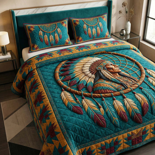 Native Dream quilted 3-piece bedding set on a made bed with two matching pillow shams