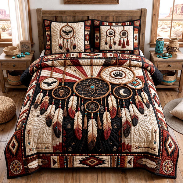 Native Dreams quilted 3-piece bedding set on a made bed with two matching pillow shams