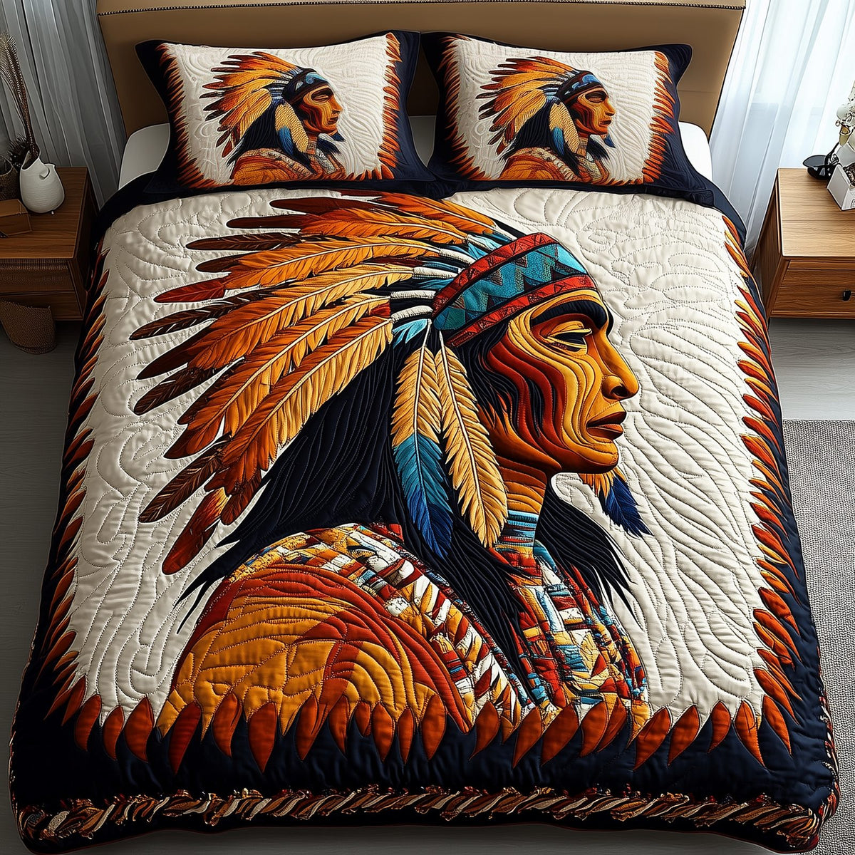 Native Essence quilted 3-piece bedding set on a made bed with two matching pillow shams