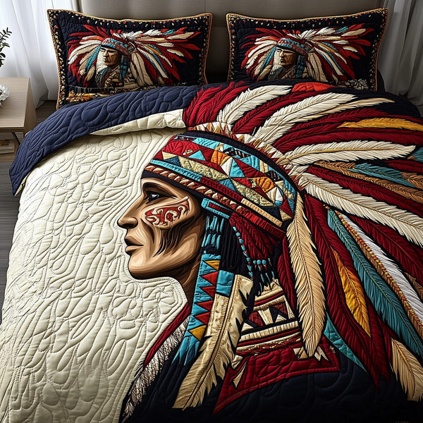 Native Essence quilted 3-piece bedding set on a made bed with two matching pillow shams