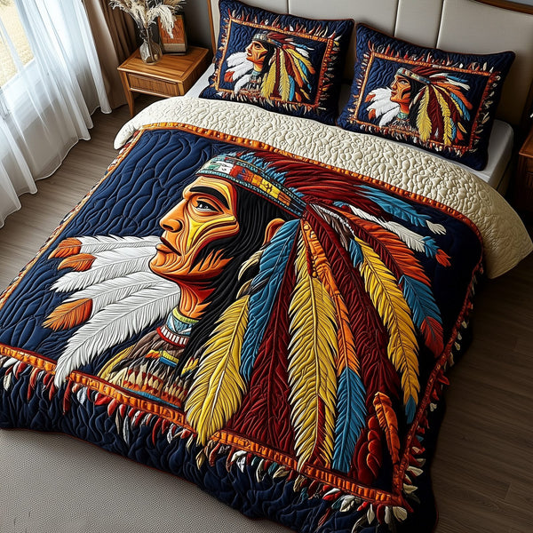 Native Essence quilted 3-piece bedding set on a made bed with two matching pillow shams