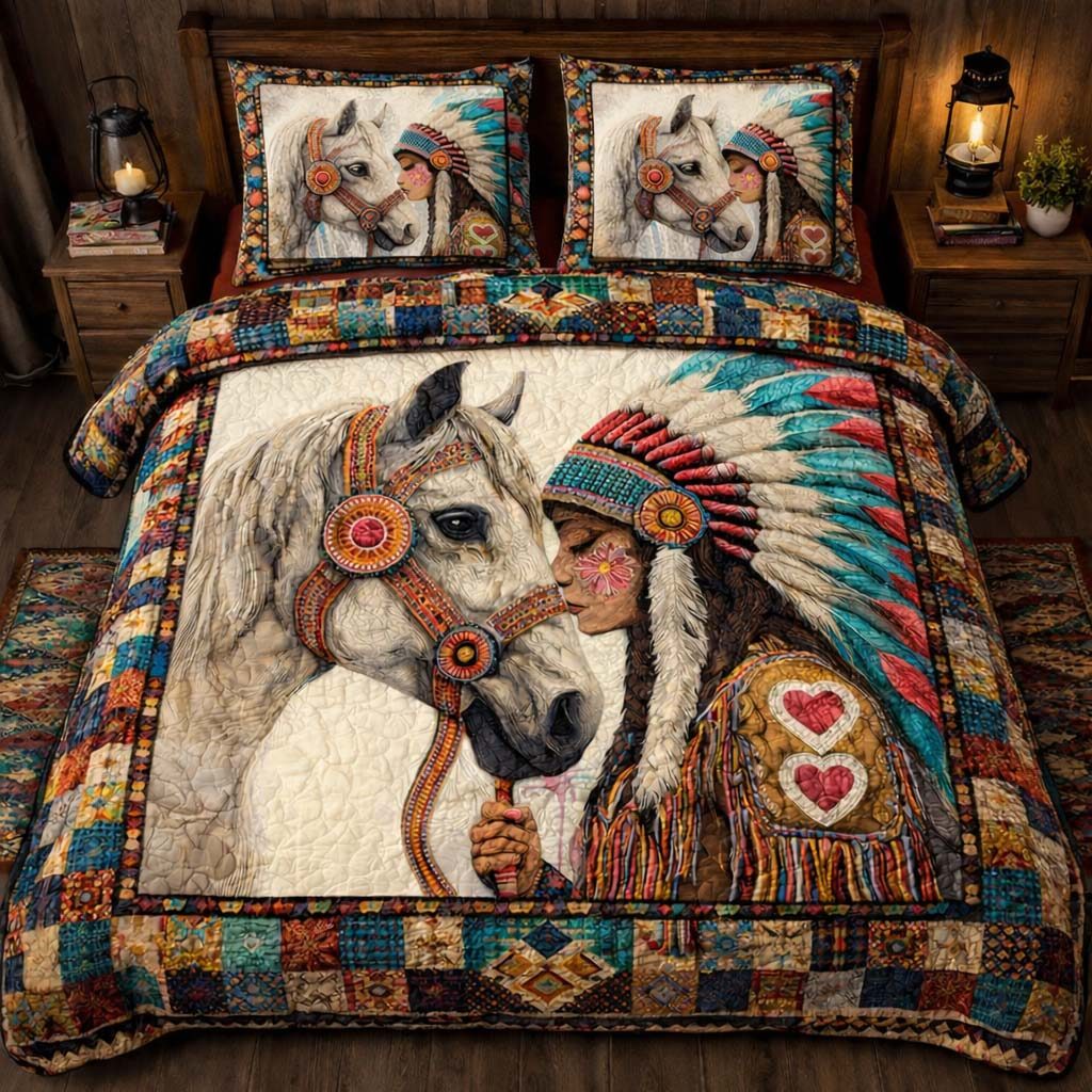 Native Heart Horse quilted 3-piece bedding set on a made bed in a rustic timber bedroom