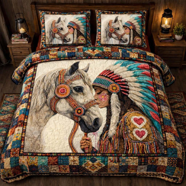 Native Heart Horse quilted 3-piece bedding set on a made bed in a rustic timber bedroom