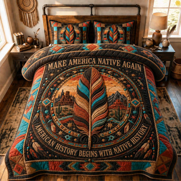 Native History Feather quilted 3-piece bedding set on a made bed with two matching pillow shams
