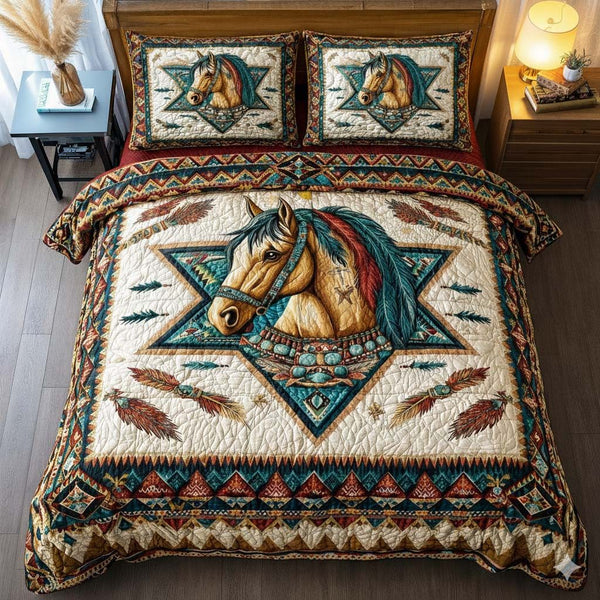 Native Horse quilted 3-piece bedding set on a made bed in a rustic timber bedroom