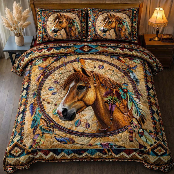 Native Horse quilted 3-piece bedding set on a made bed in a rustic timber bedroom