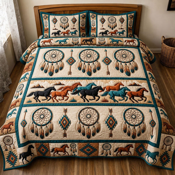 Native Legacy quilted 3-piece bedding set on a made bed with two matching pillow shams