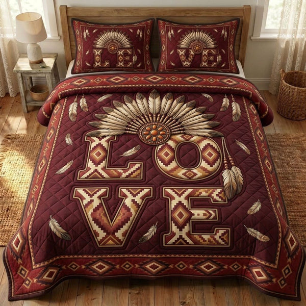 Native Legacy quilted 3-piece bedding set on a made bed with two matching pillow shams