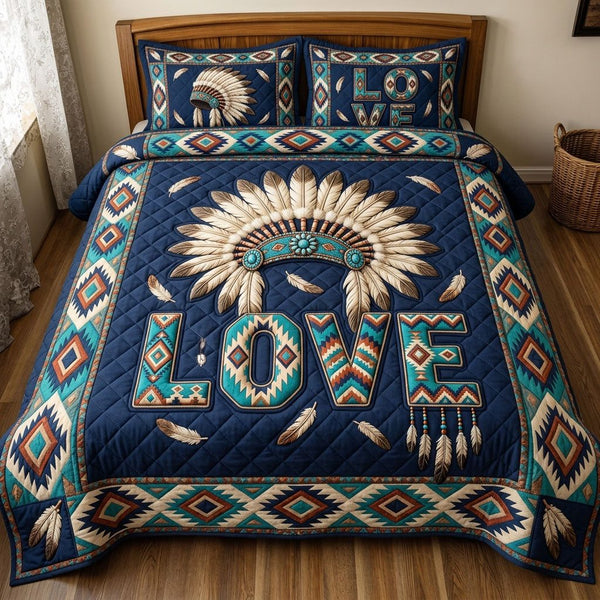 Native Legacy quilted 3-piece bedding set on a made bed with two matching pillow shams