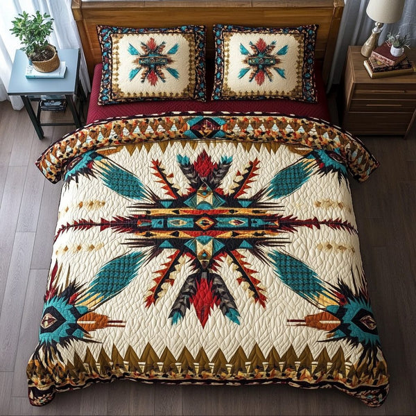 Native Pattern quilted 3-piece bedding set on a made bed with two matching pillow shams