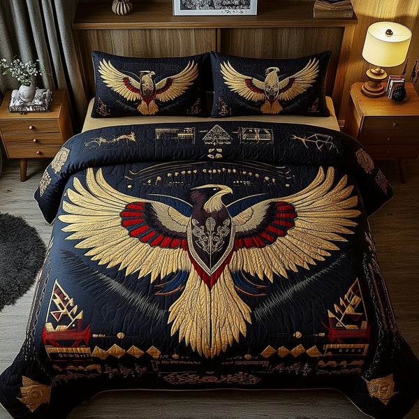 Native Soar quilted 3-piece bedding set on a made bed with two matching pillow shams