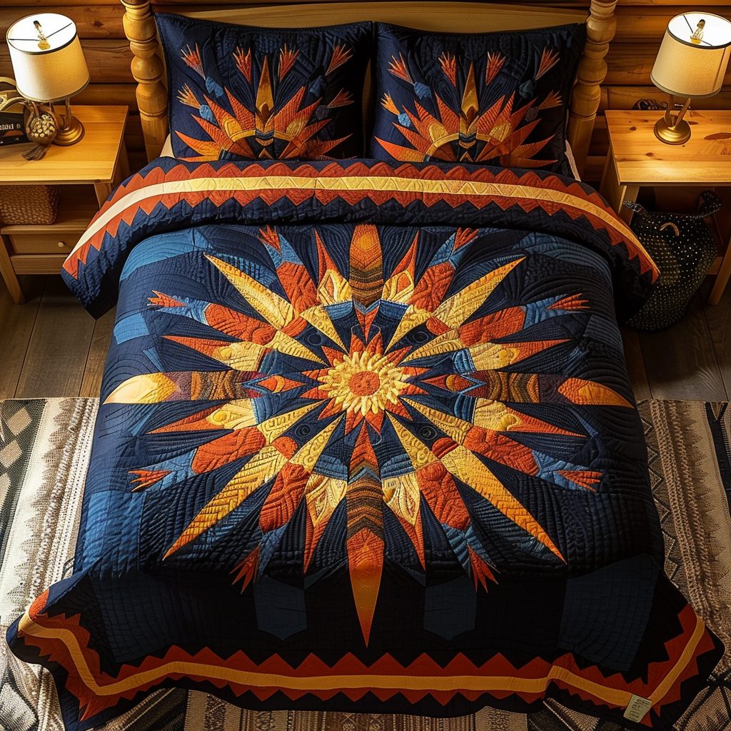 Native Star Feather quilted 3-piece bedding set on a made bed with two matching pillow shams