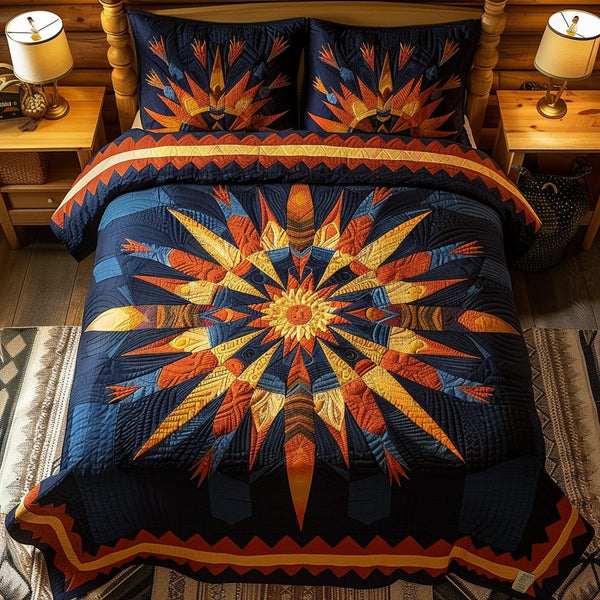 Native Star Feather quilted 3-piece bedding set on a made bed with two matching pillow shams