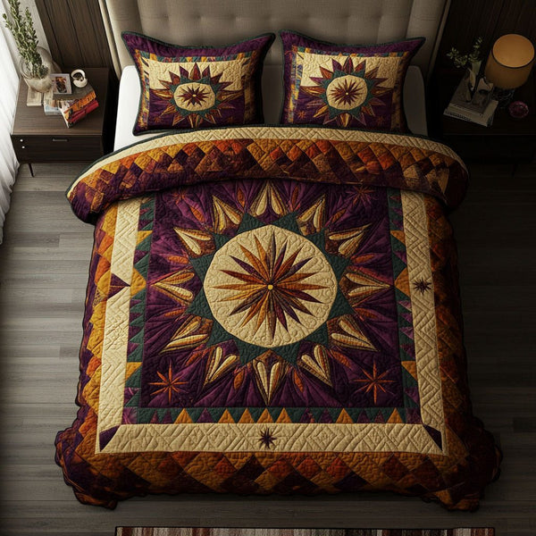 Native Star Path quilted 3-piece bedding set on a made bed with two matching pillow shams