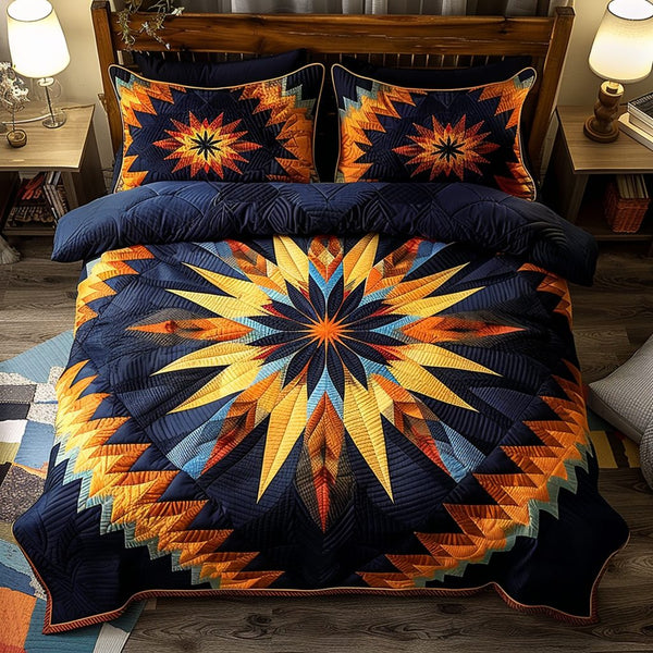 Native Starburst quilted 3-piece bedding set on a made bed with two matching pillow shams