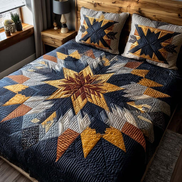 Native Starcrest quilted 3-piece bedding set on a made bed with two matching pillow shams