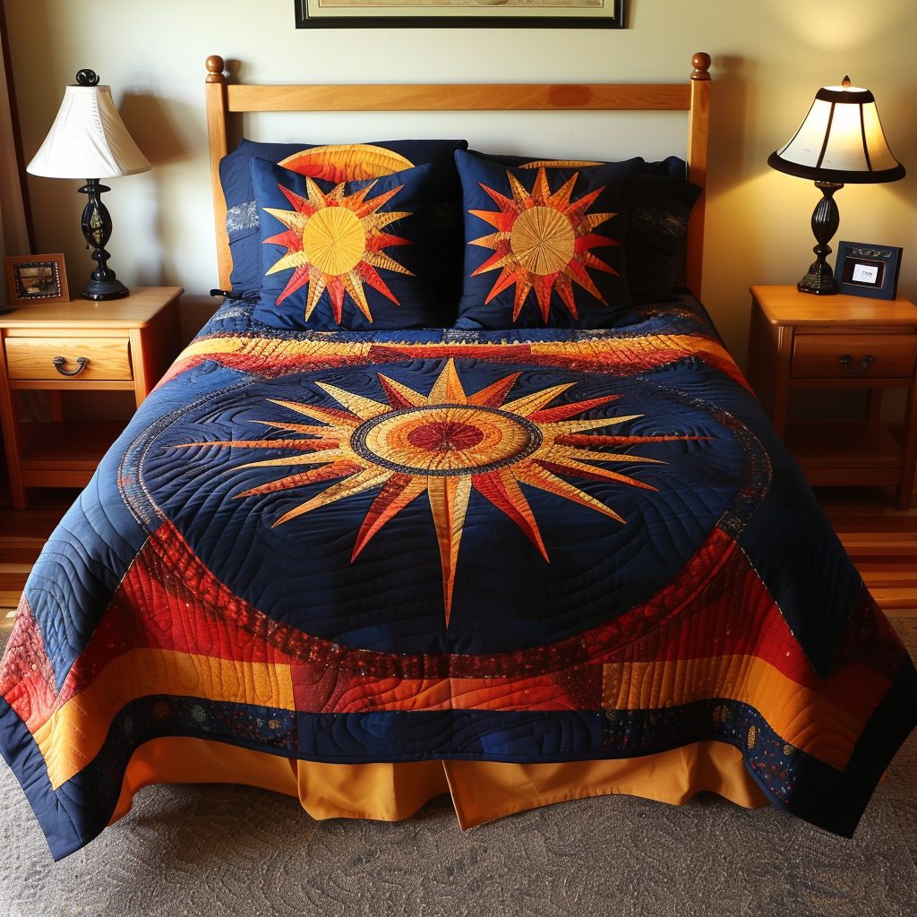 Native Sun quilted 3-piece bedding set on a made bed with two matching pillow shams