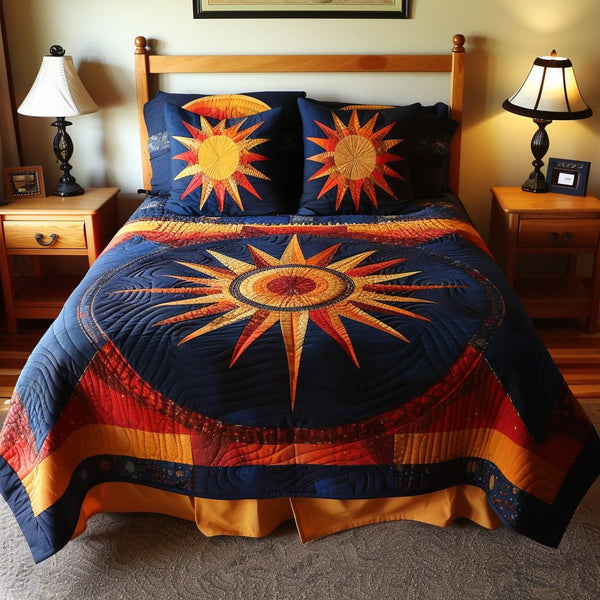 Native Sun quilted 3-piece bedding set on a made bed with two matching pillow shams