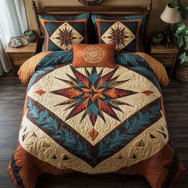 Native Sun Star quilted 3-piece bedding set on a made bed with two matching pillow shams