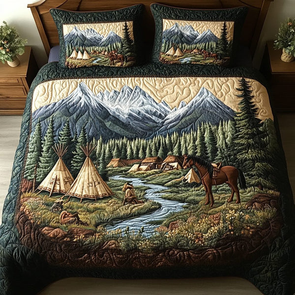 Native Valley quilted 3-piece bedding set on a made bed with two matching pillow shams