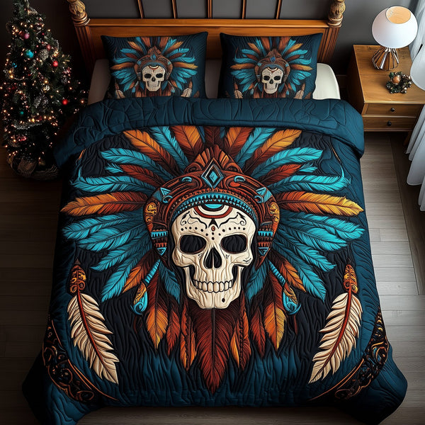 Native Warrior Skull quilted 3-piece bedding set on a made bed against a dark styled interior