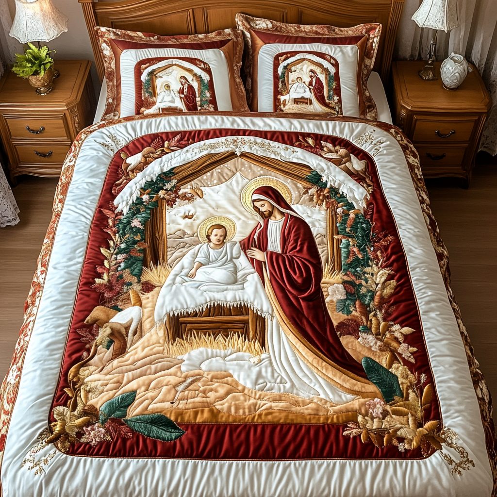 Nativity Dreams quilted 3-piece bedding set on a made bed in a winter-styled bedroom