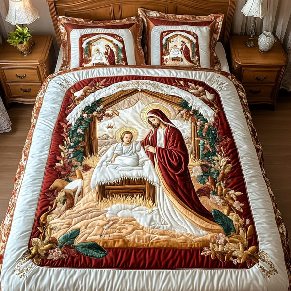 Nativity Dreams quilted 3-piece bedding set on a made bed in a winter-styled bedroom