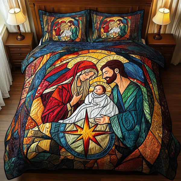 Nativity Grace quilted 3-piece bedding set on a made bed in a winter-styled bedroom