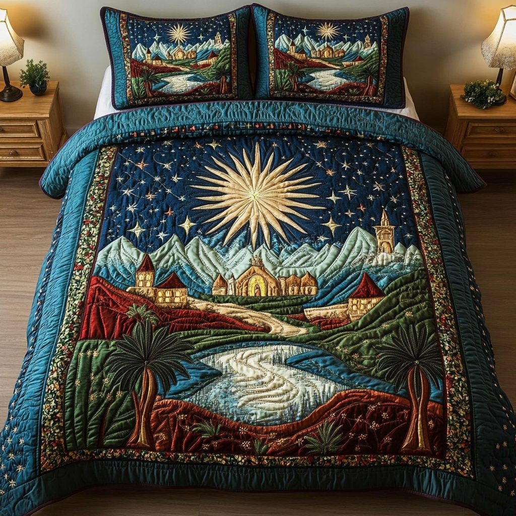 Nativity Night quilted 3-piece bedding set on a made bed in a winter-styled bedroom