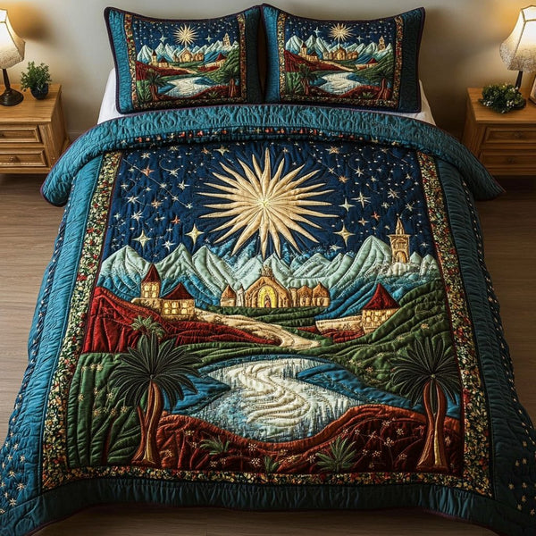 Nativity Night quilted 3-piece bedding set on a made bed in a winter-styled bedroom