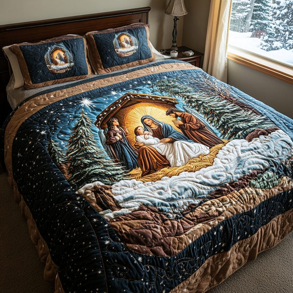 Nativity Peace quilted 3-piece bedding set on a made bed in a winter-styled bedroom