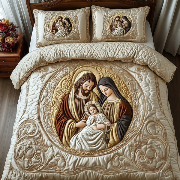 Nativity quilted 3-piece bedding set on a made bed in a winter-styled bedroom
