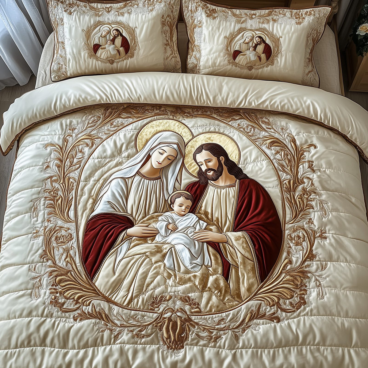 Nativity quilted 3-piece bedding set on a made bed in a winter-styled bedroom