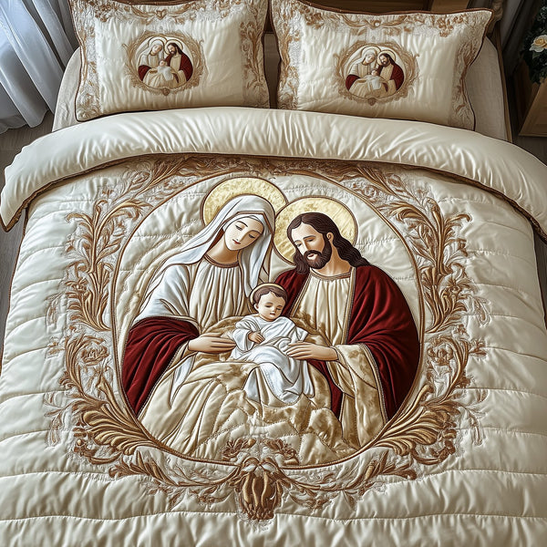 Nativity quilted 3-piece bedding set on a made bed in a winter-styled bedroom