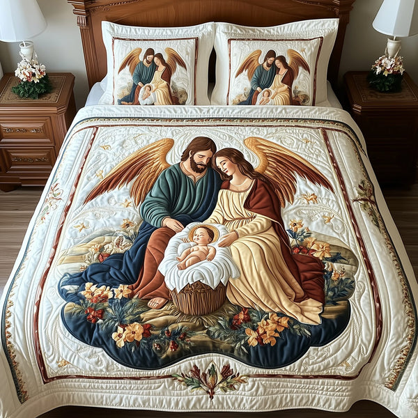 Nativity quilted 3-piece bedding set on a made bed in a winter-styled bedroom