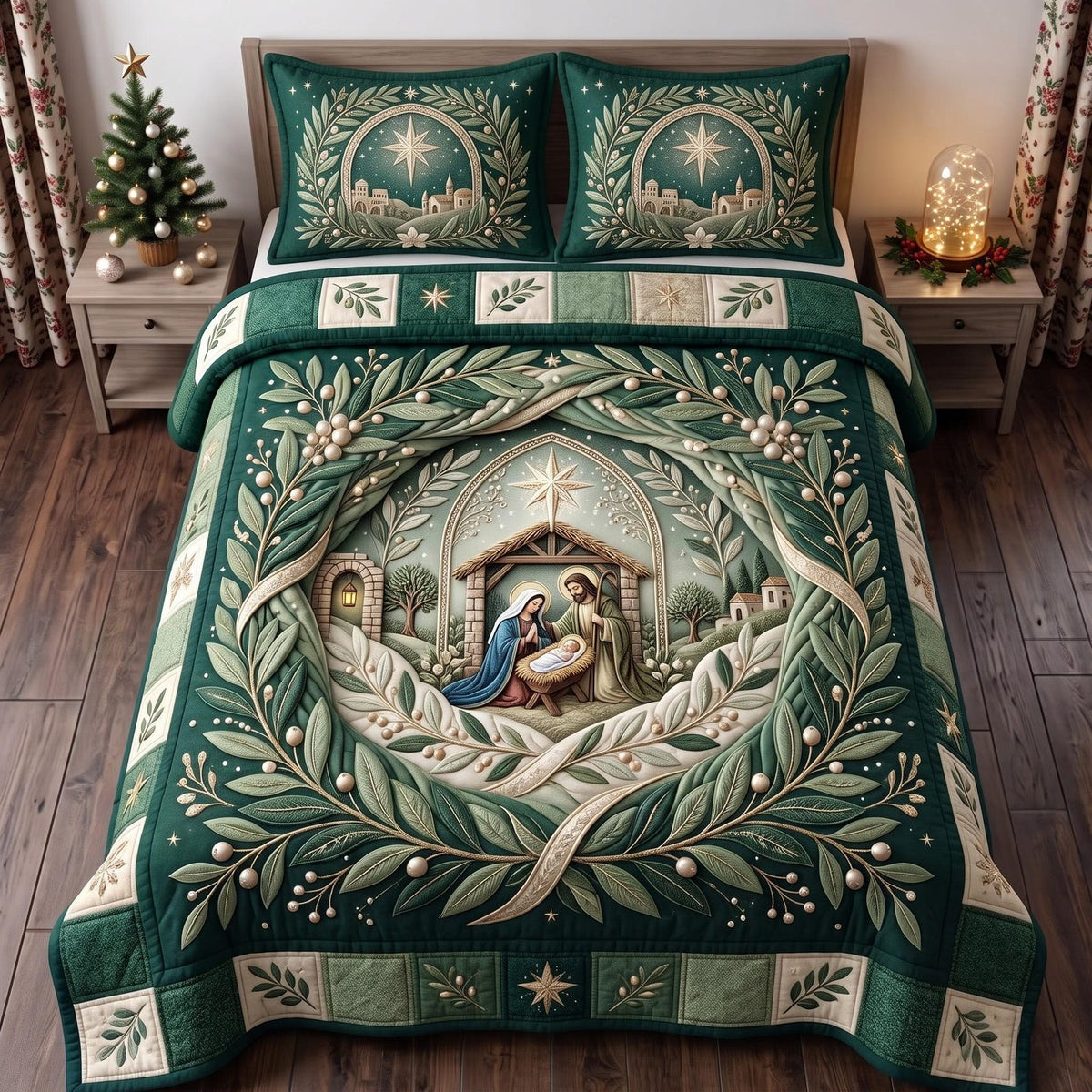 Nativity Sanctuary quilted 3-piece bedding set on a made bed in a winter-styled bedroom