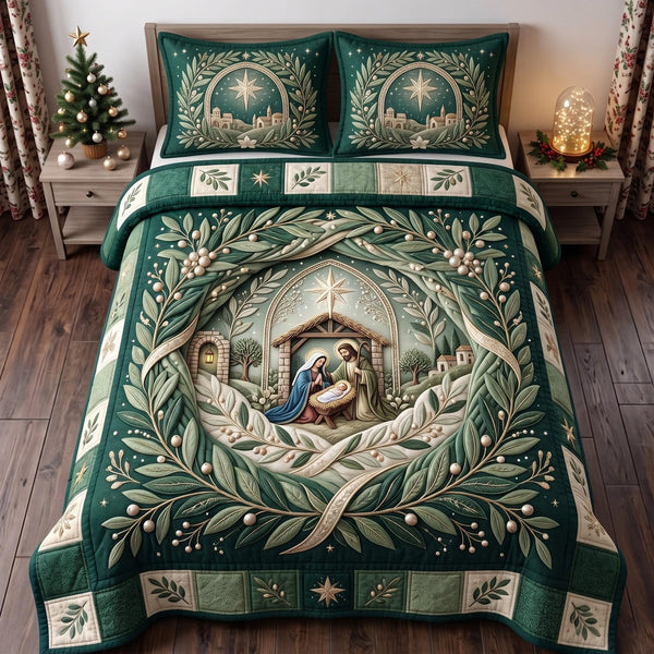 Nativity Sanctuary quilted 3-piece bedding set on a made bed in a winter-styled bedroom