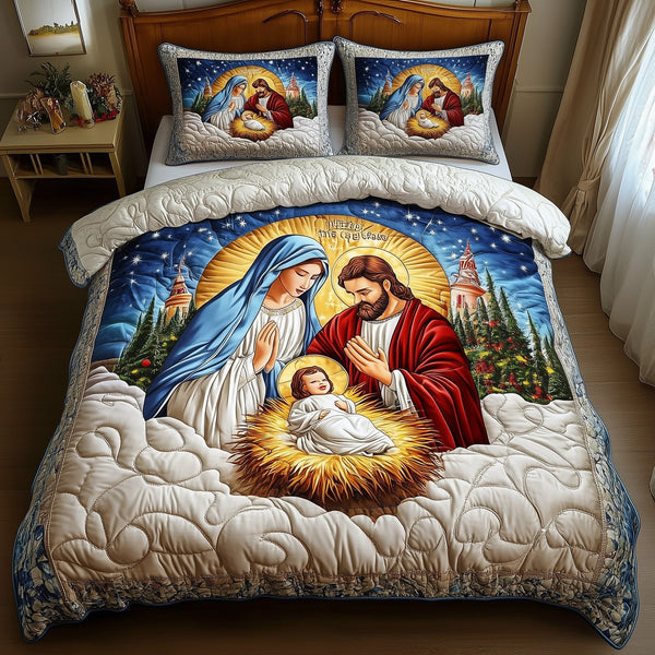 Nativity Scene quilted 3-piece bedding set on a made bed in a winter-styled bedroom