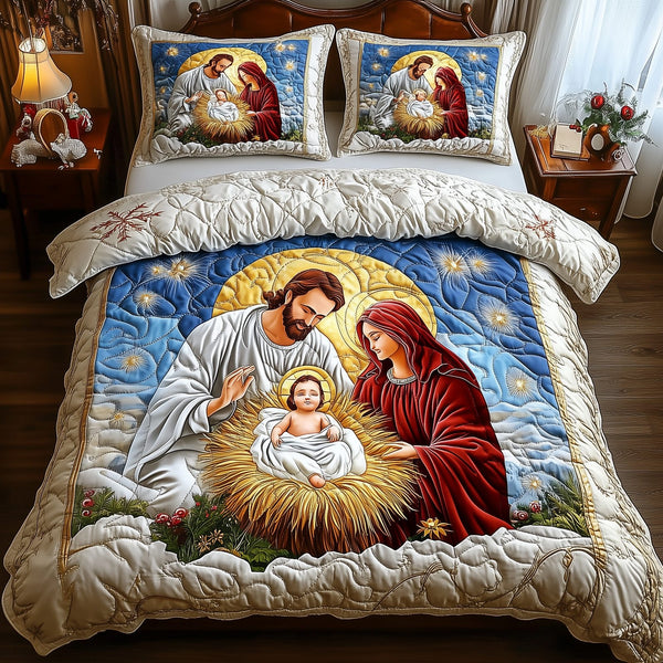 Nativity Scene quilted 3-piece bedding set on a made bed in a winter-styled bedroom