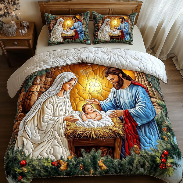 Nativity Scene quilted 3-piece bedding set on a made bed in a winter-styled bedroom