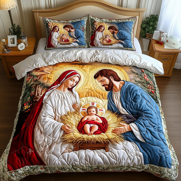 Nativity Scene quilted 3-piece bedding set on a made bed in a winter-styled bedroom