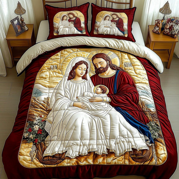 Nativity Scene quilted 3-piece bedding set on a made bed in a winter-styled bedroom