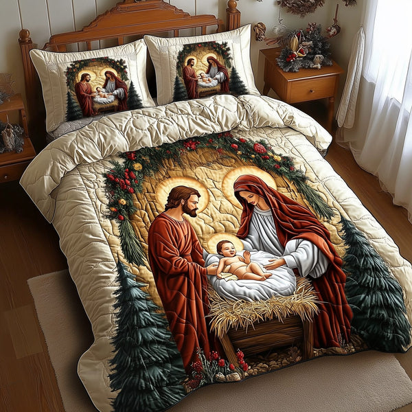 Nativity Scene quilted 3-piece bedding set on a made bed in a winter-styled bedroom