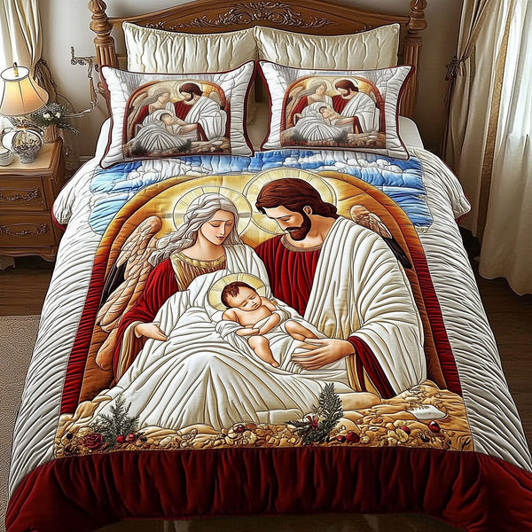 Nativity Scene quilted 3-piece bedding set on a made bed in a winter-styled bedroom
