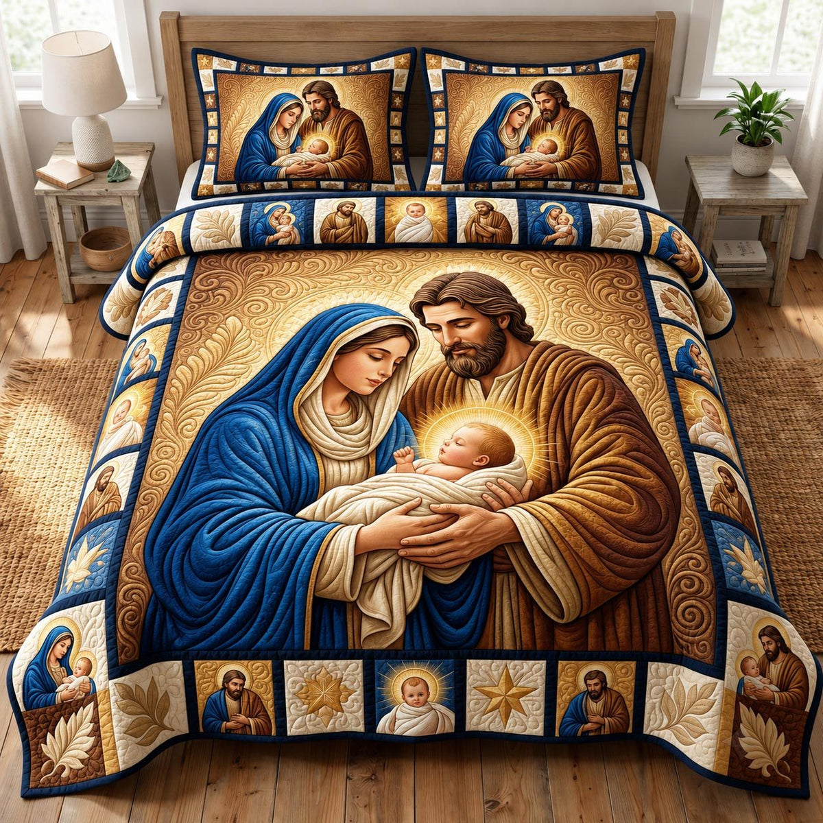 Nativity Scene quilted 3-piece bedding set on a made bed in a winter-styled bedroom
