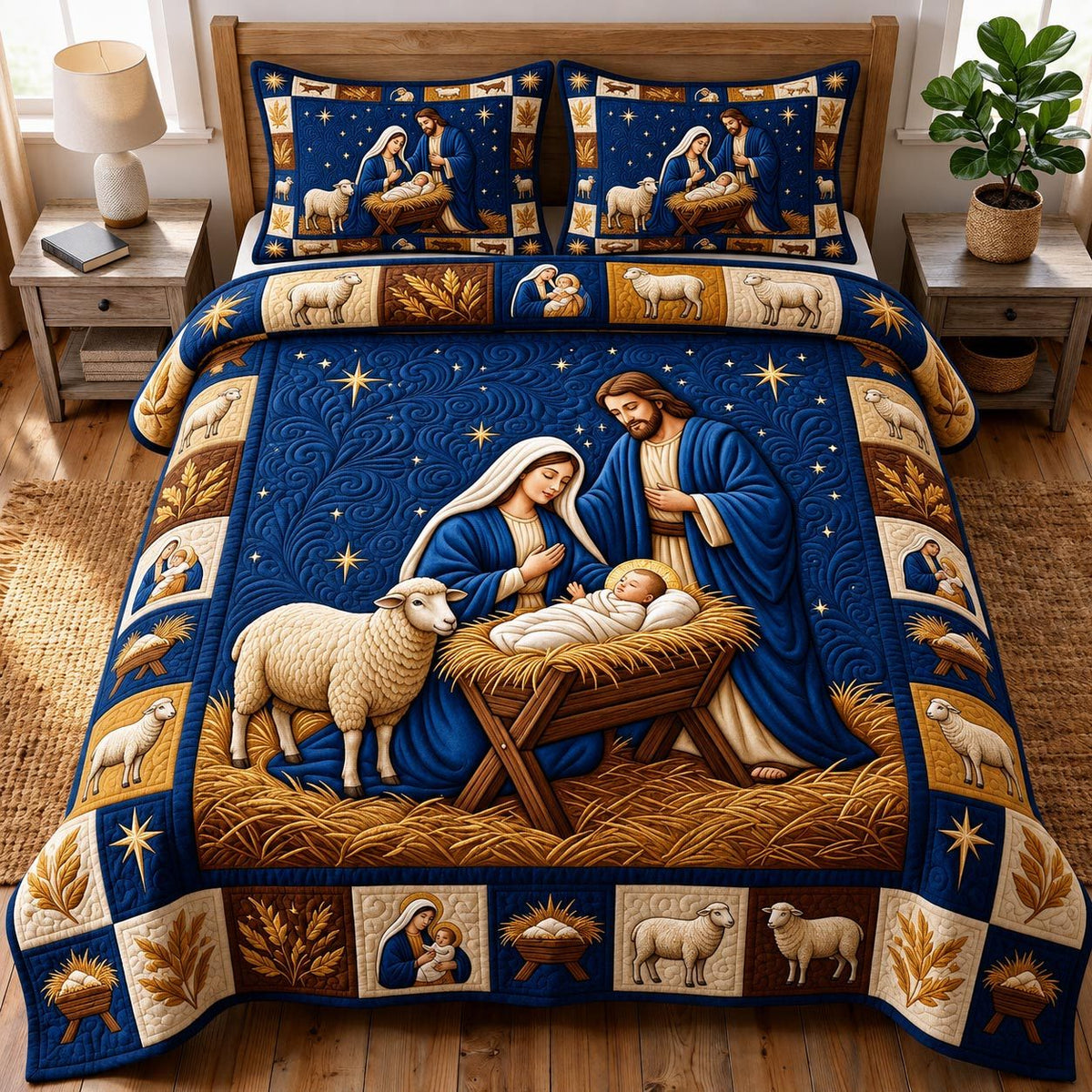 Nativity Scene quilted 3-piece bedding set on a made bed in a winter-styled bedroom
