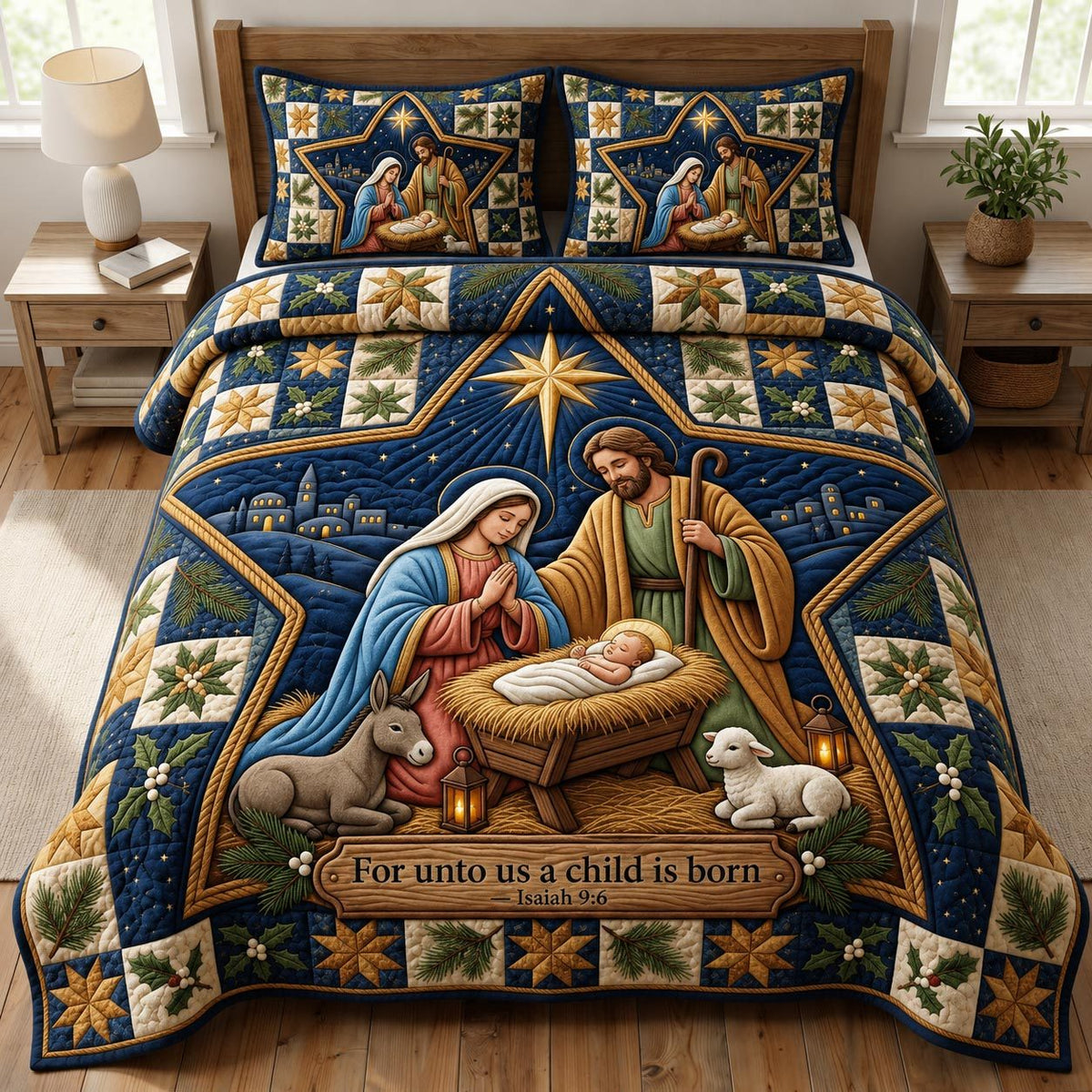 Nativity Scene quilted 3-piece bedding set on a made bed in a winter-styled bedroom