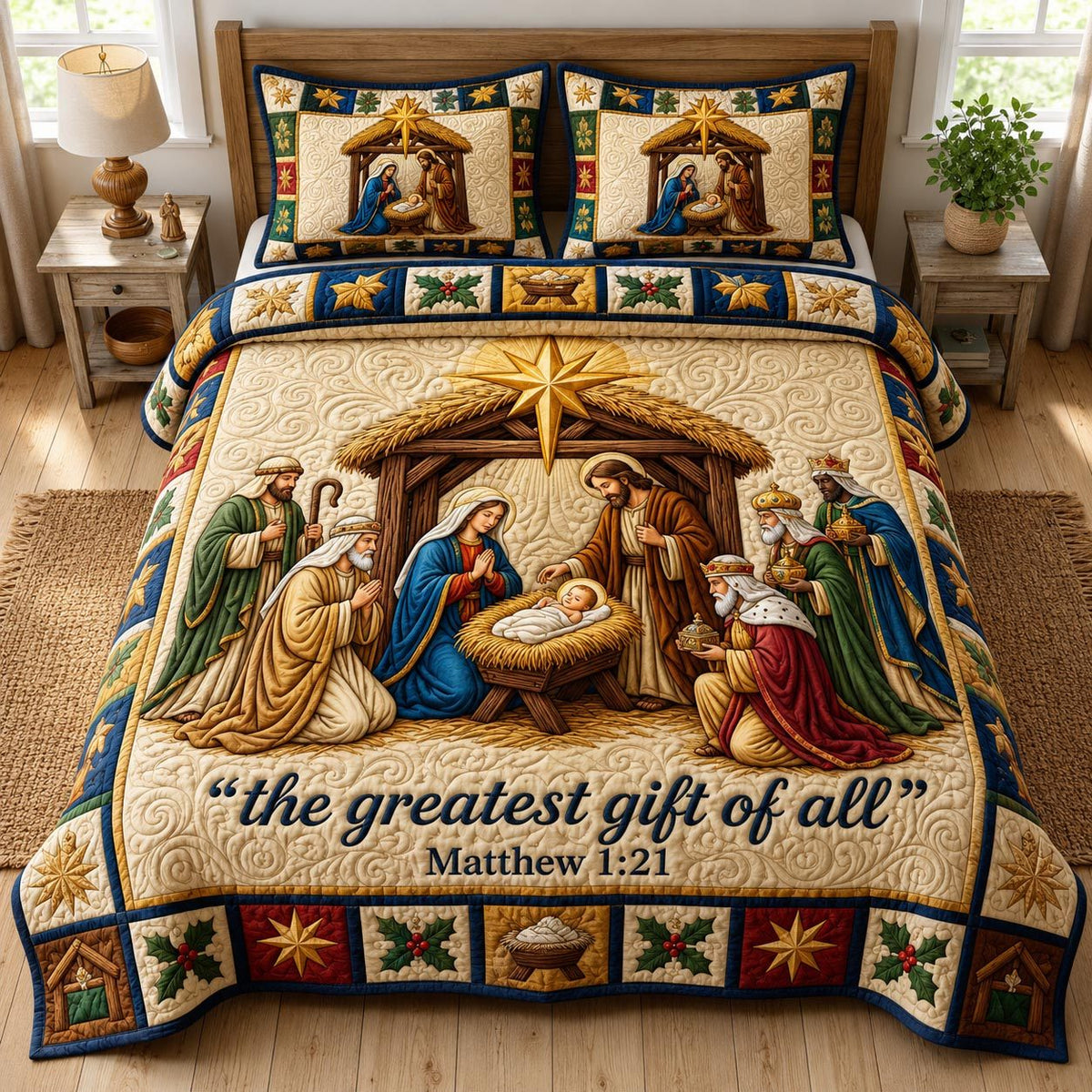 Nativity Scene quilted 3-piece bedding set on a made bed in a winter-styled bedroom