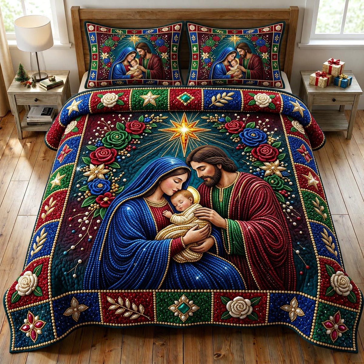 Nativity Scene quilted 3-piece bedding set on a made bed in a winter-styled bedroom