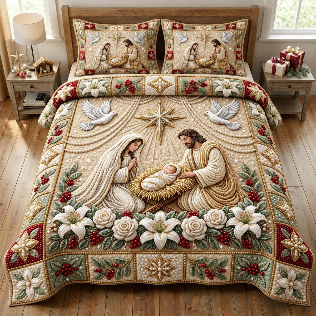 Nativity Scene quilted 3-piece bedding set on a made bed in a winter-styled bedroom